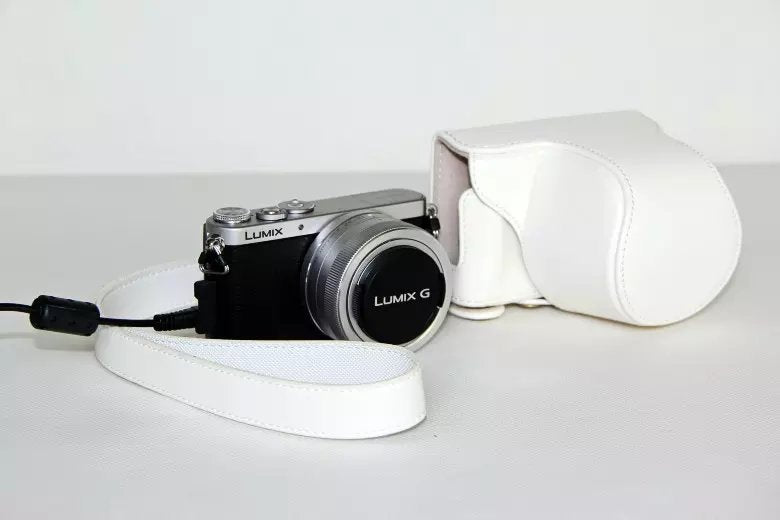 Protective Leather Camera Cover with Shoulder Strap for Panasonic Lumix DMC-GM1/GM2 with 12-32mm Lens - White