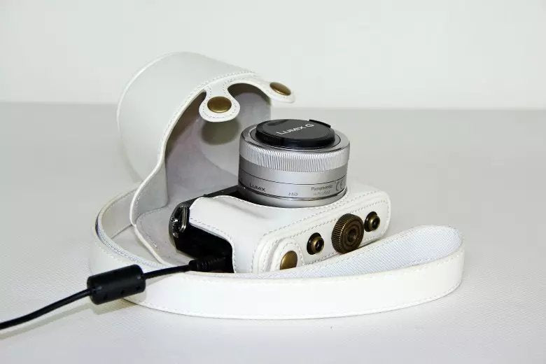Protective Leather Camera Cover with Shoulder Strap for Panasonic Lumix DMC-GM1/GM2 with 12-32mm Lens - White