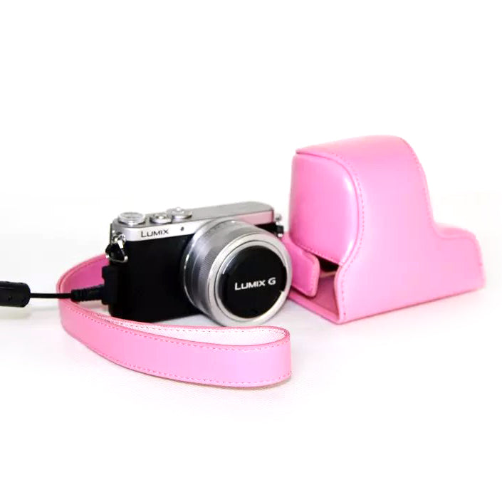 Leather Protective Camera Case with Shoulder Strap for Panasonic Lumix DMC-GM1/GM2 with 12-32mm Lens - Pink