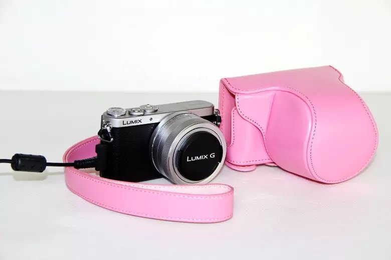 Leather Protective Camera Case with Shoulder Strap for Panasonic Lumix DMC-GM1/GM2 with 12-32mm Lens - Pink