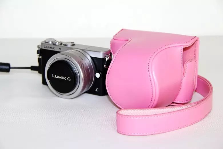 Leather Protective Camera Case with Shoulder Strap for Panasonic Lumix DMC-GM1/GM2 with 12-32mm Lens - Pink