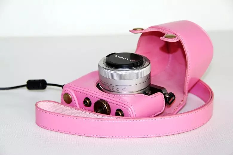 Leather Protective Camera Case with Shoulder Strap for Panasonic Lumix DMC-GM1/GM2 with 12-32mm Lens - Pink