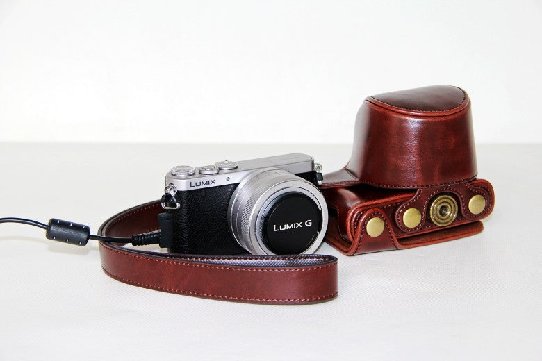 Leather Protective Camera Cover with Shoulder Strap for Panasonic Lumix DMC-GM1/GM2 with 12-32mm Lens - Coffee