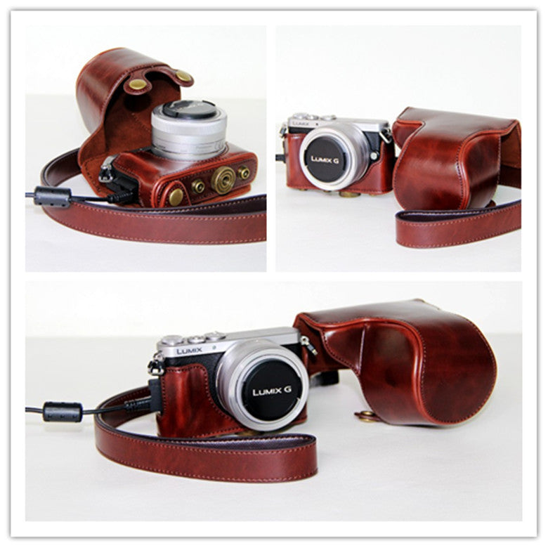 Leather Protective Camera Cover with Shoulder Strap for Panasonic Lumix DMC-GM1/GM2 with 12-32mm Lens - Coffee