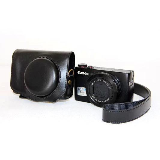 Protective Leather Camera Case with Shoulder Strap for Canon G7X - Black