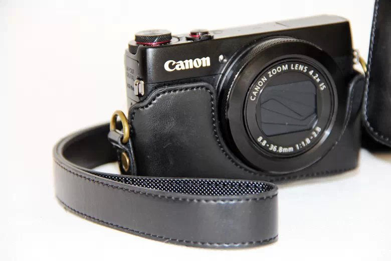 Protective Leather Camera Case with Shoulder Strap for Canon G7X - Black