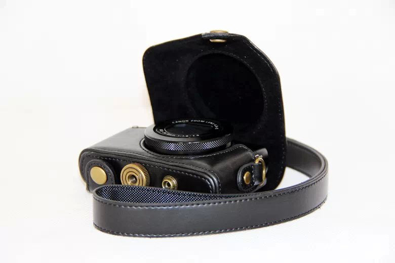 Protective Leather Camera Case with Shoulder Strap for Canon G7X - Black
