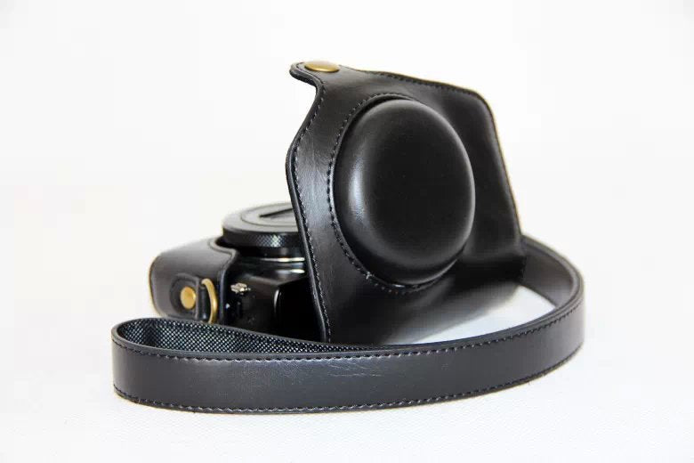 Protective Leather Camera Case with Shoulder Strap for Canon G7X - Black