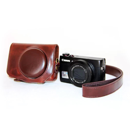 Protective PU Leather Camera Case with Shoulder Strap for Canon G7X - Coffee
