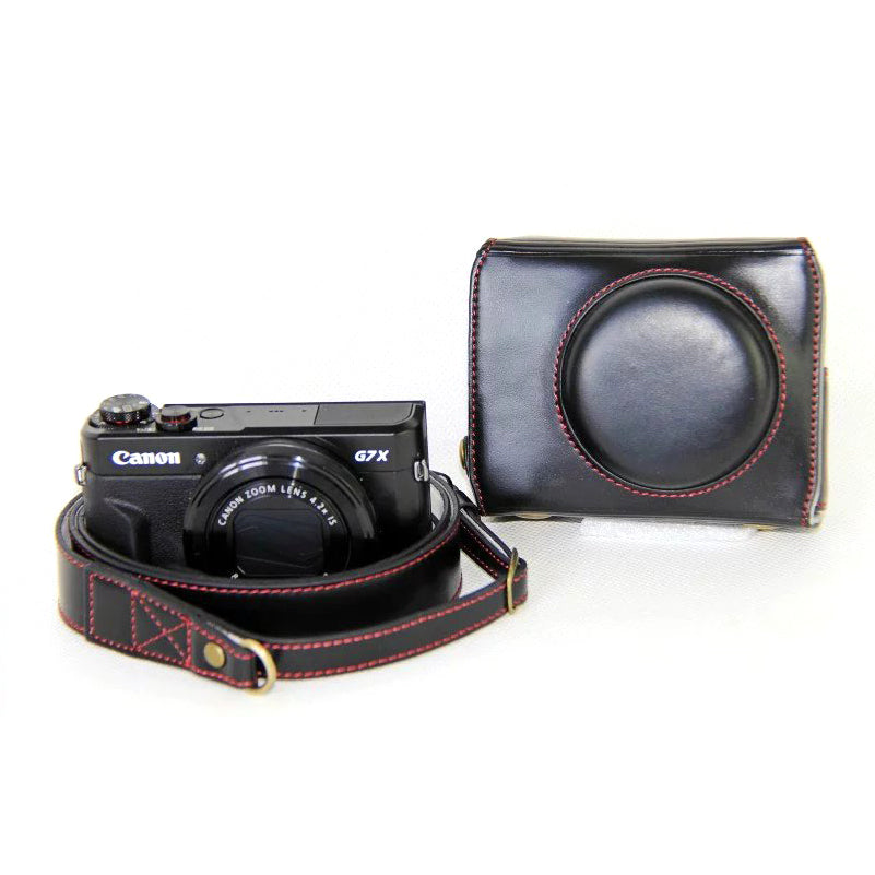 PU Leather Camera Protective Pouch + Strap for Canon PowerShot G7X MarkII Digital Camera - Black