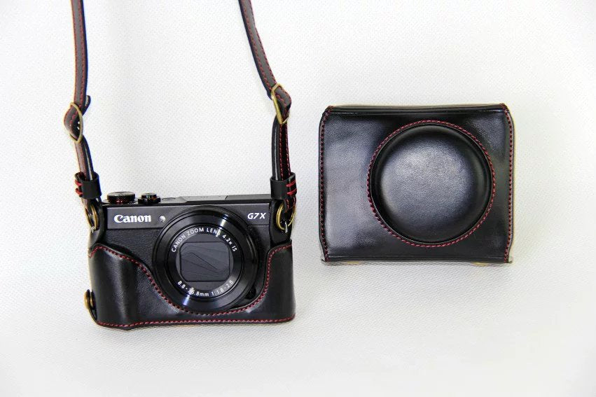 PU Leather Camera Protective Pouch + Strap for Canon PowerShot G7X MarkII Digital Camera - Black