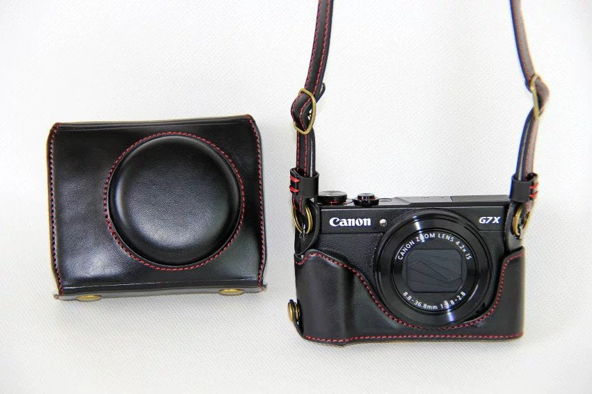 PU Leather Camera Protective Pouch + Strap for Canon PowerShot G7X MarkII Digital Camera - Black