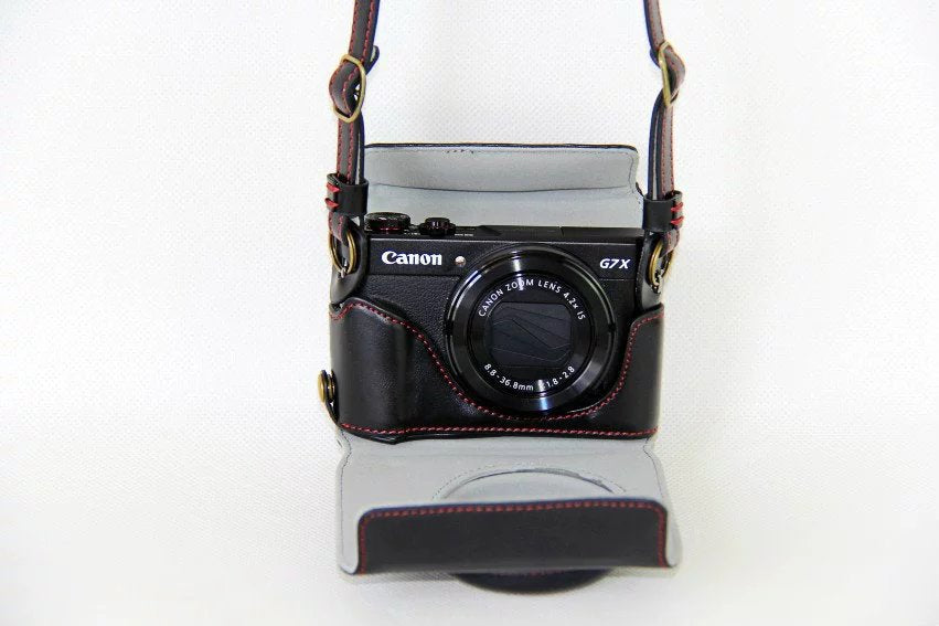 PU Leather Camera Protective Pouch + Strap for Canon PowerShot G7X MarkII Digital Camera - Black