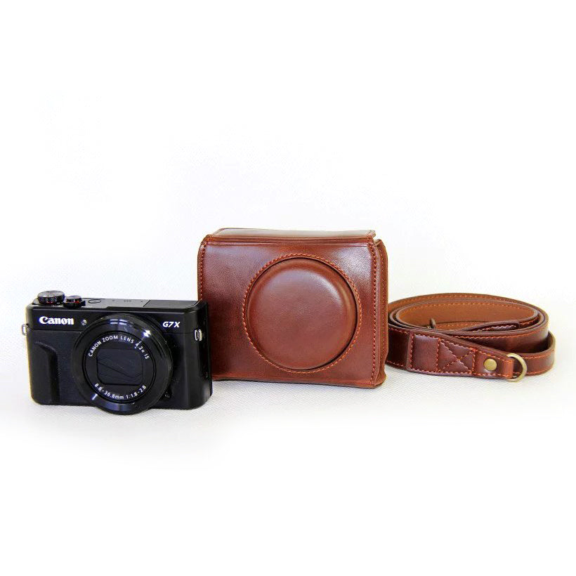 PU Leather Camera Protective Bag + Strap for Canon PowerShot G7X MarkII Digital Camera - Coffee