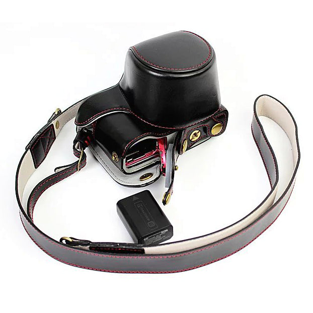 PU Leather Camera Case + Strap for Sony NEX-3N/Alpha a5000/Alpha a5100 with 16-50mm Lens - Black