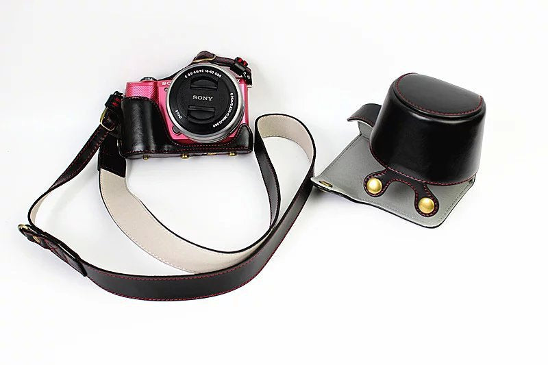 PU Leather Camera Case + Strap for Sony NEX-3N/Alpha a5000/Alpha a5100 with 16-50mm Lens - Black