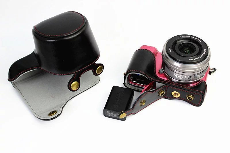 PU Leather Camera Case + Strap for Sony NEX-3N/Alpha a5000/Alpha a5100 with 16-50mm Lens - Black