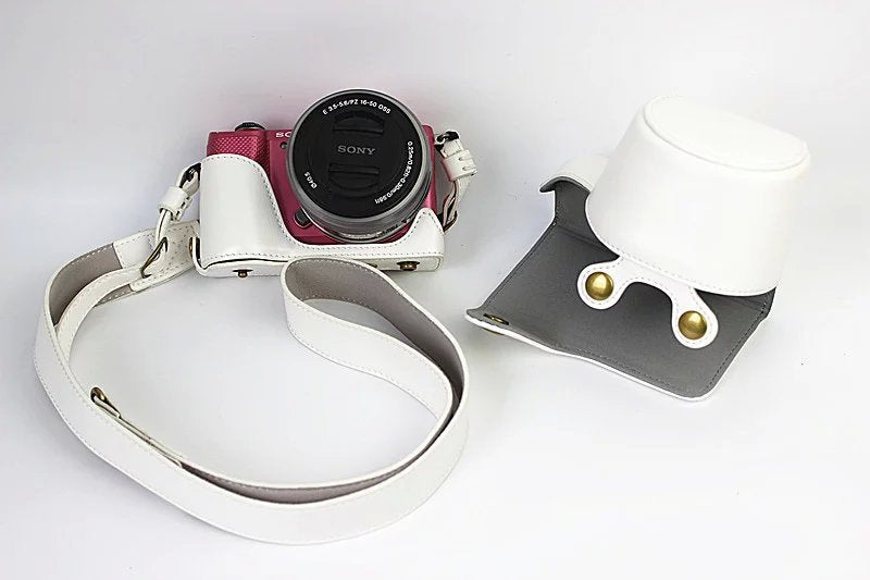 PU Leather Camera Cover + Strap for Sony NEX-3N/Alpha a5000/Alpha a5100 with 16-50mm Lens - White