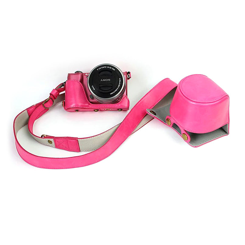 PU Leather Protective Case + Strap for Sony NEX-3N/Alpha a5000/Alpha a5100 with 16-50mm Lens - Rose