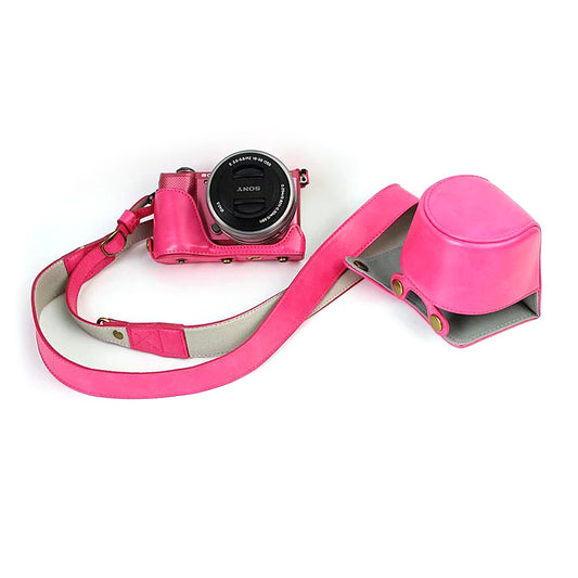 PU Leather Protective Case + Strap for Sony NEX-3N/Alpha a5000/Alpha a5100 with 16-50mm Lens - Rose