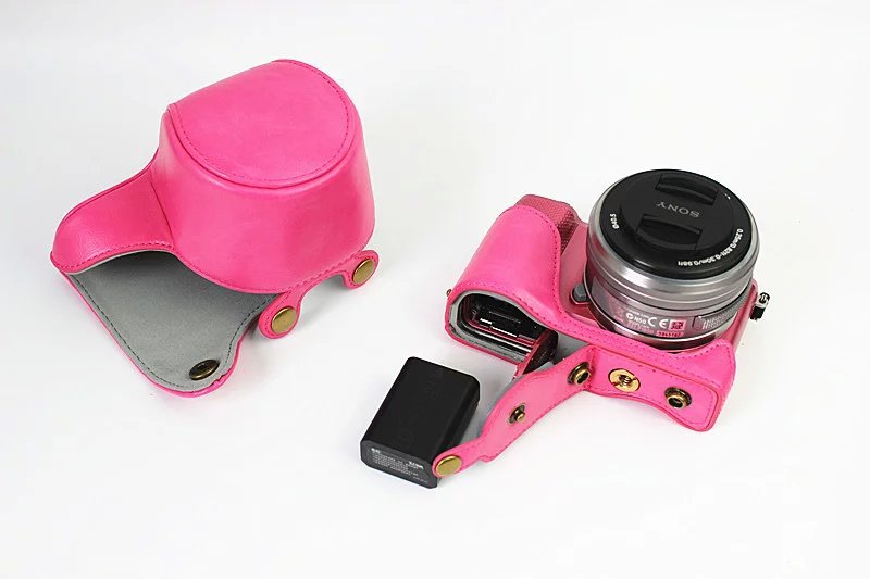 PU Leather Protective Case + Strap for Sony NEX-3N/Alpha a5000/Alpha a5100 with 16-50mm Lens - Rose