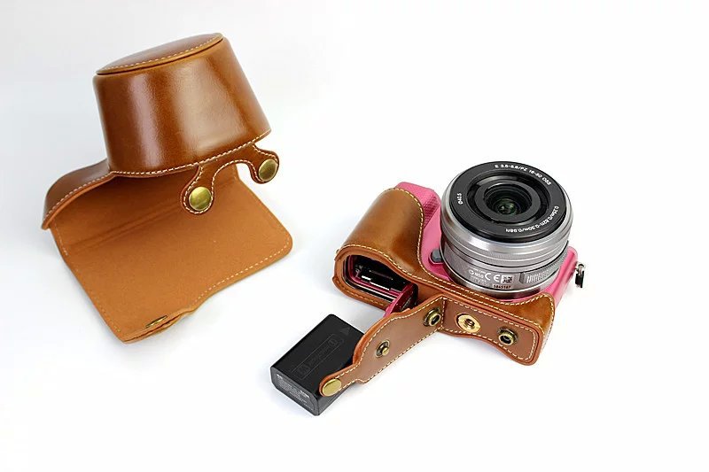PU Leather Camera Protective Pouch + Strap for Sony NEX-3N/Alpha a5000/Alpha a5100 with 16-50mm Lens - Brown