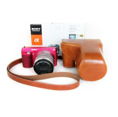PU Leather Camera Protective Shell + Strap for Sony NEX-F3 18-55mm - Brown