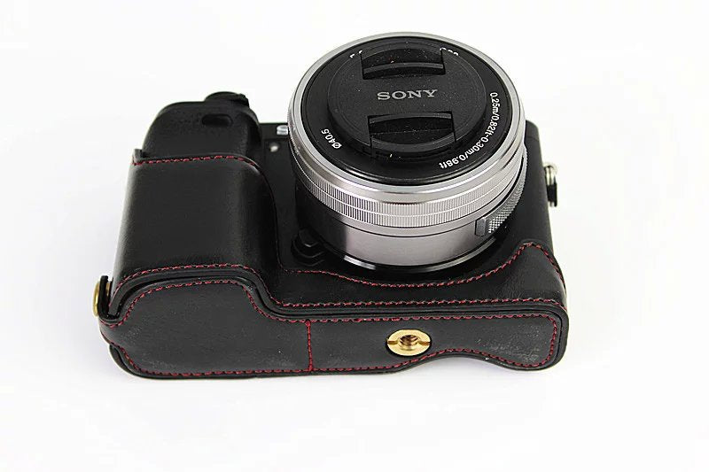 PU Leather Half Bottom Camera Protective Case for Sony A6000/A6300 - Black