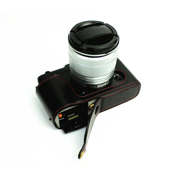Genuine Split Leather Half Camera Case Bag for Fujifilm XE1 XE2 - Black