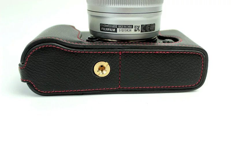 Genuine Split Leather Half Camera Case Bag for Fujifilm XE1 XE2 - Black