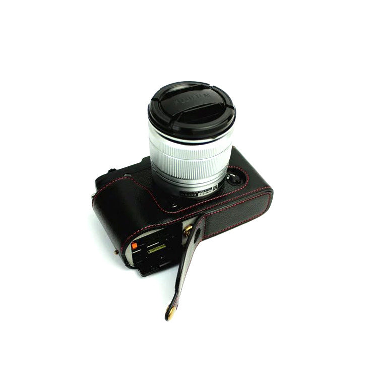 Genuine Split Leather Half Camera Case Bag for Fujifilm XE1 XE2 - Black