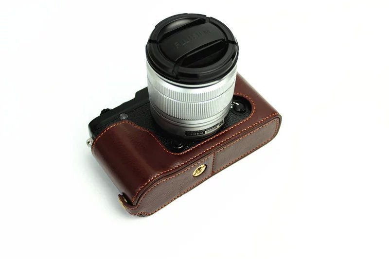 Genuine Split Leather Half Camera Bag Cover for Fujifilm XE1 XE2 - Coffee