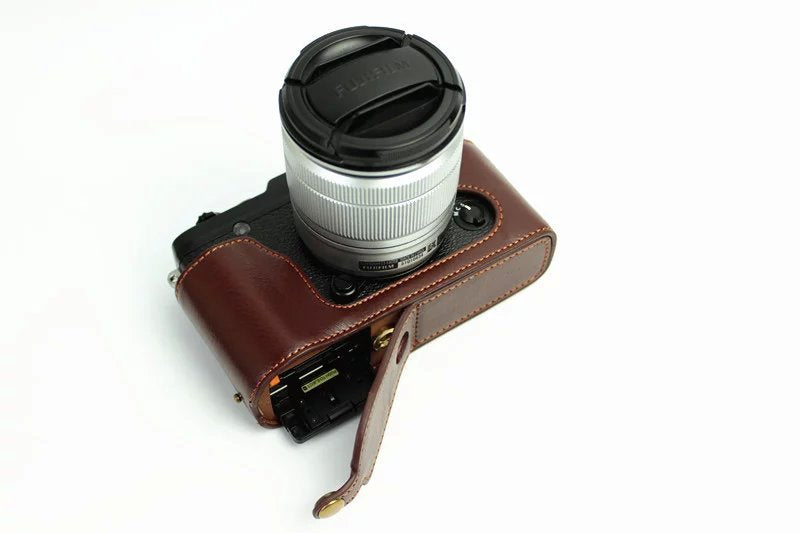 Genuine Split Leather Half Camera Bag Cover for Fujifilm XE1 XE2 - Coffee