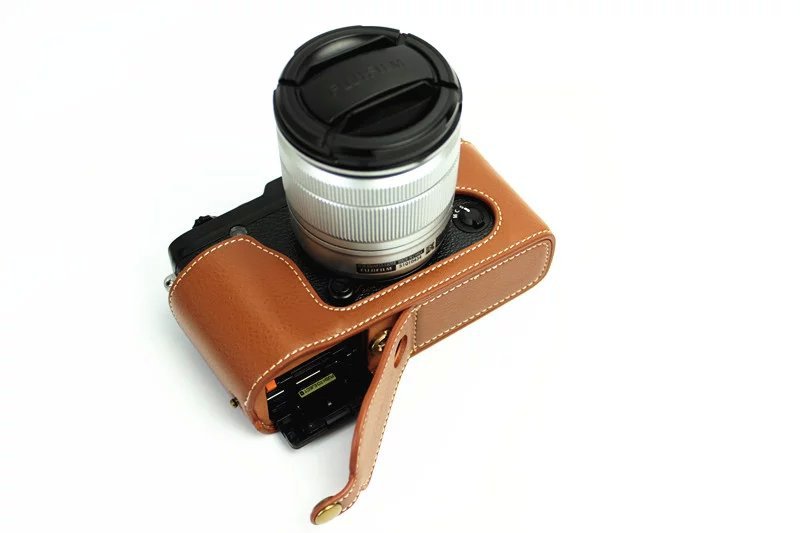 Genuine Split Leather Half Camera Protective Bag for Fujifilm XE1 XE2 - Brown