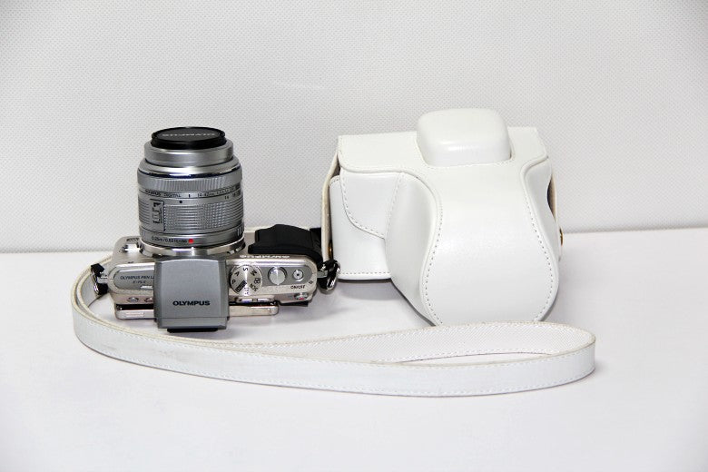 PU Leather Camera Protection Cover + Strap for Olympus E-PL6/E-PL5/E-PM2 - White