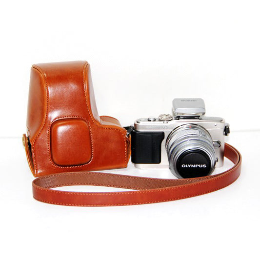 PU Leather Camera Protective Pouch + Strap for Olympus E-PL6/E-PL5/E-PM2 - Brown