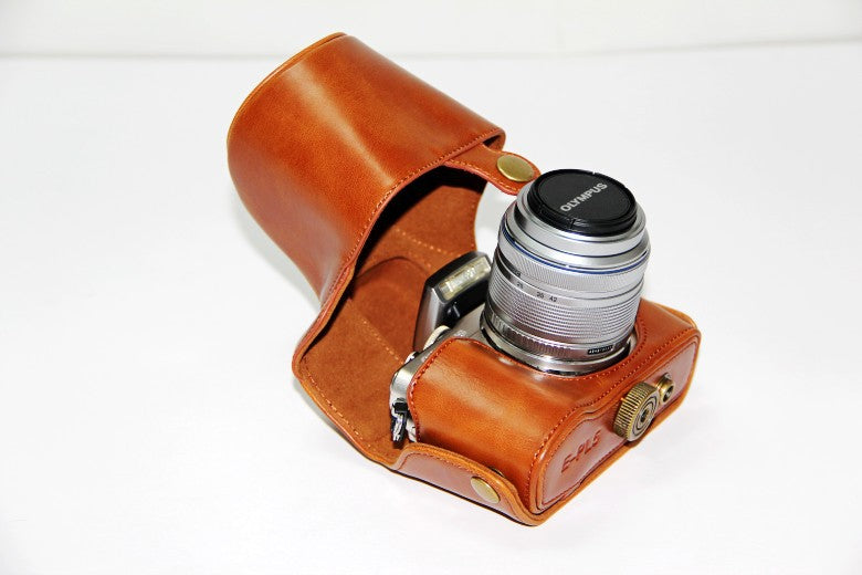 PU Leather Camera Protective Pouch + Strap for Olympus E-PL6/E-PL5/E-PM2 - Brown