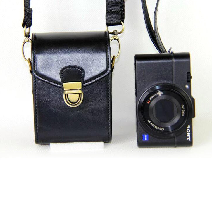 PU Leather Camera Shoulder Bag Waterproof Shoulder Camera Bag for Hiking Camping Trekking Cycling - Black