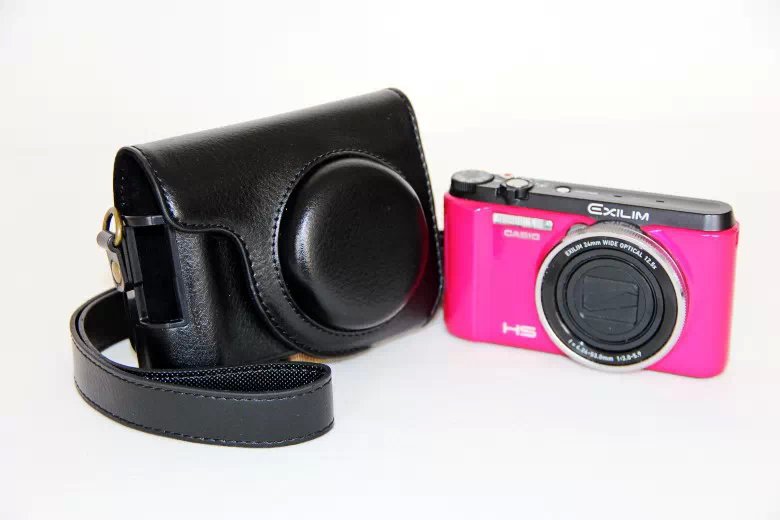 Protective Leather Camera Case with Shoulder Strap for Casio ZR1000/1200/1100/1500 - Black