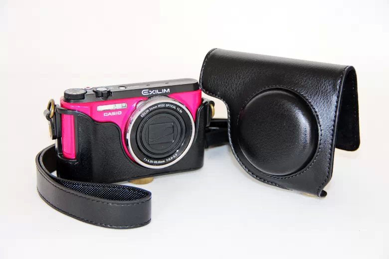 Protective Leather Camera Case with Shoulder Strap for Casio ZR1000/1200/1100/1500 - Black