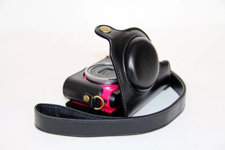 Protective Leather Camera Case with Shoulder Strap for Casio ZR1000/1200/1100/1500 - Black