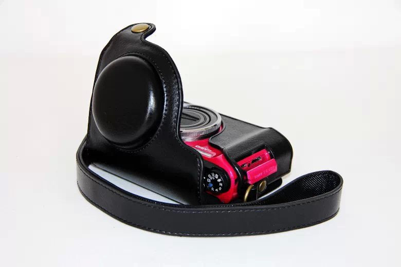 Protective Leather Camera Case with Shoulder Strap for Casio ZR1000/1200/1100/1500 - Black