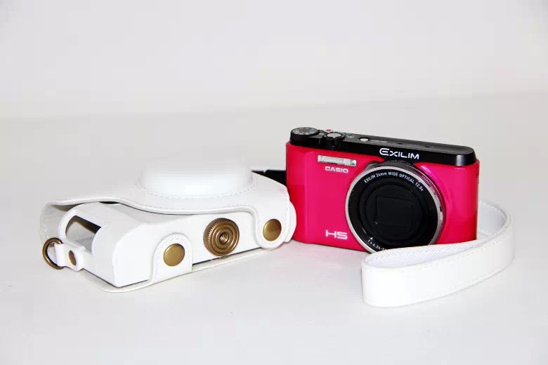 Protective Leather Camera Cover Casing with Shoulder Strap for Casio ZR1000/1200/1100/1500 - White