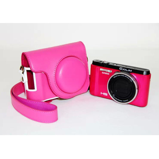 Protective Leather Camera Shell with Shoulder Strap for Casio ZR1000/1200/1100/1500 - Rose