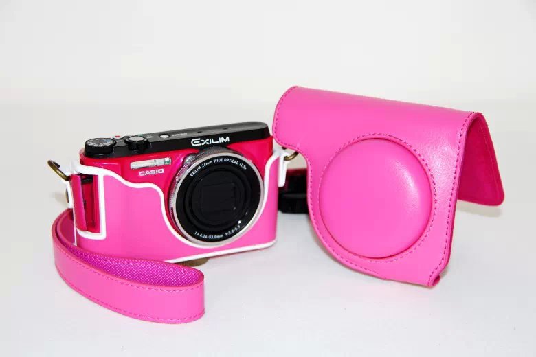 Protective Leather Camera Shell with Shoulder Strap for Casio ZR1000/1200/1100/1500 - Rose