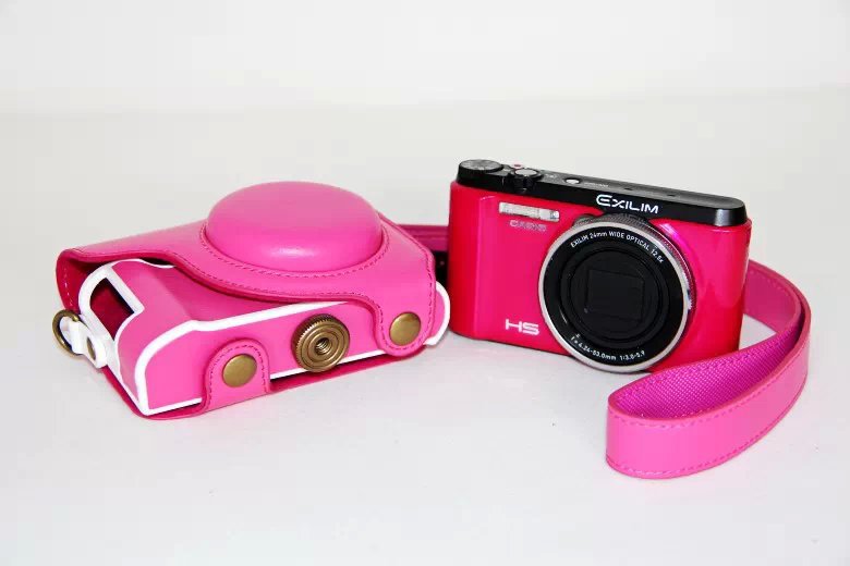 Protective Leather Camera Shell with Shoulder Strap for Casio ZR1000/1200/1100/1500 - Rose
