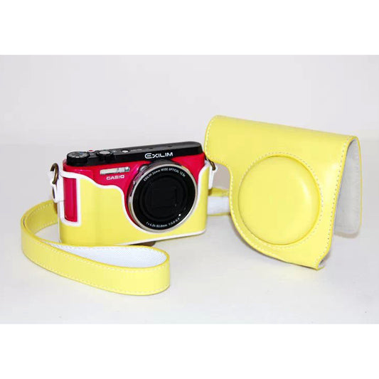 Protective Leather Camera Case + Shoulder Strap for Casio ZR1000/1200/1100/1500 - Yellow