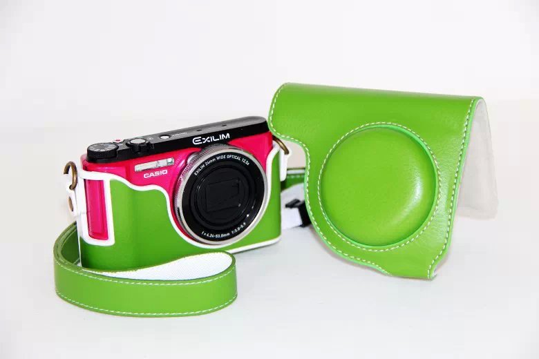 Protective Leather Camera Cover Casing + Shoulder Strap for Casio ZR1000/1200/1100/1500 - Green