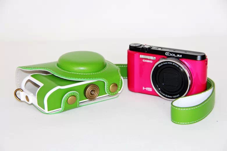 Protective Leather Camera Cover Casing + Shoulder Strap for Casio ZR1000/1200/1100/1500 - Green
