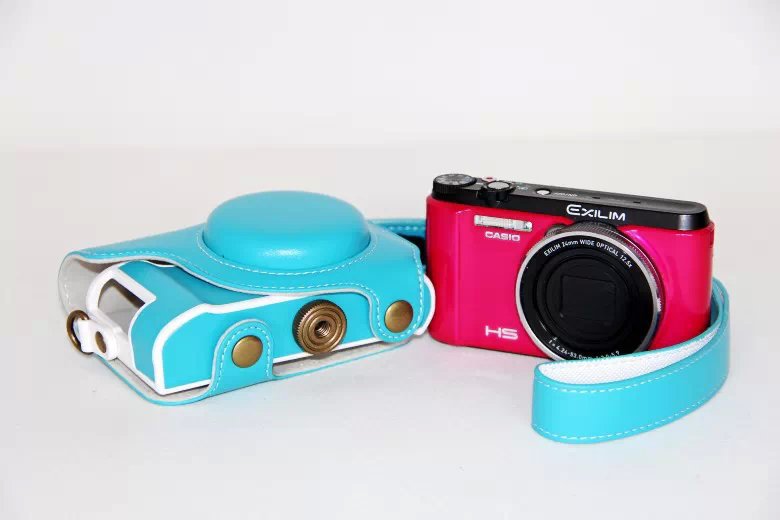 PU Leather Camera Case with Shoulder Strap for Casio ZR1000/1200/1100/1500 - Blue